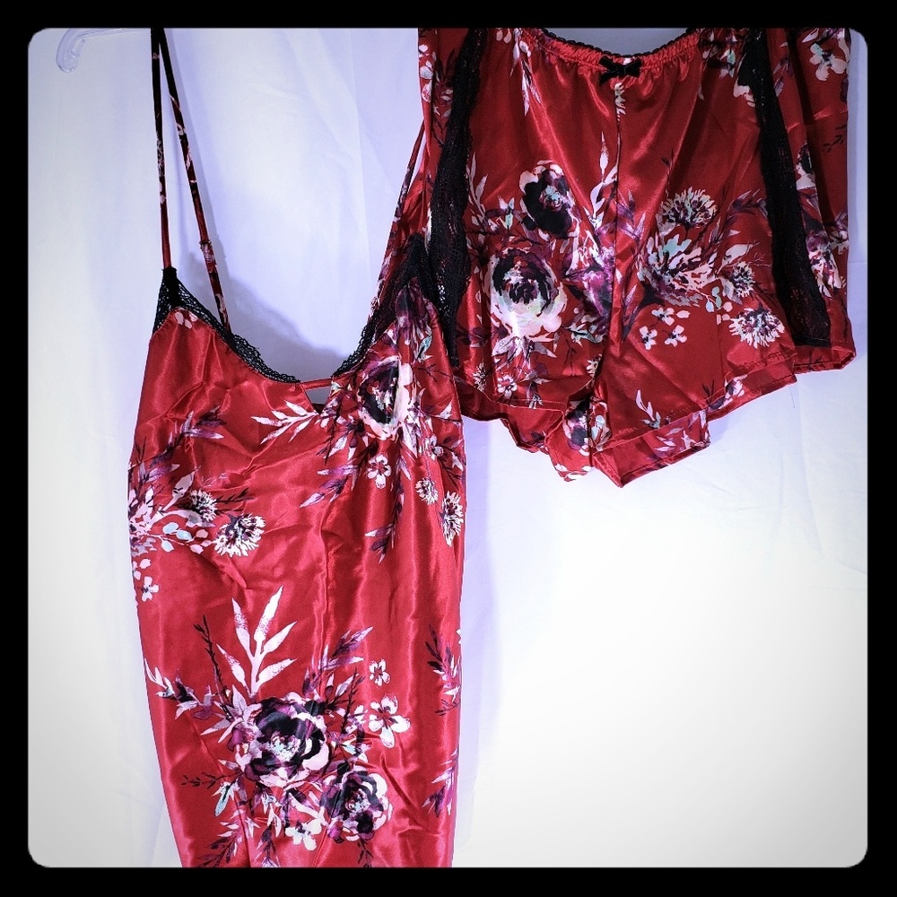 Hot 2 PC Red Slinky Satin Sleepwear Shorts Cami